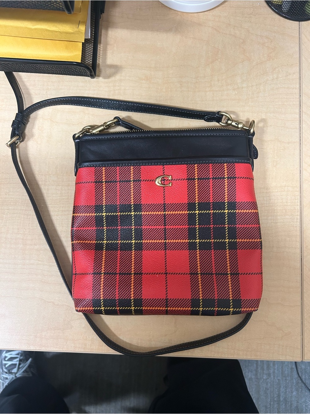 Coach Red Plaid Crossbody with Black Trim and Gold Hardware